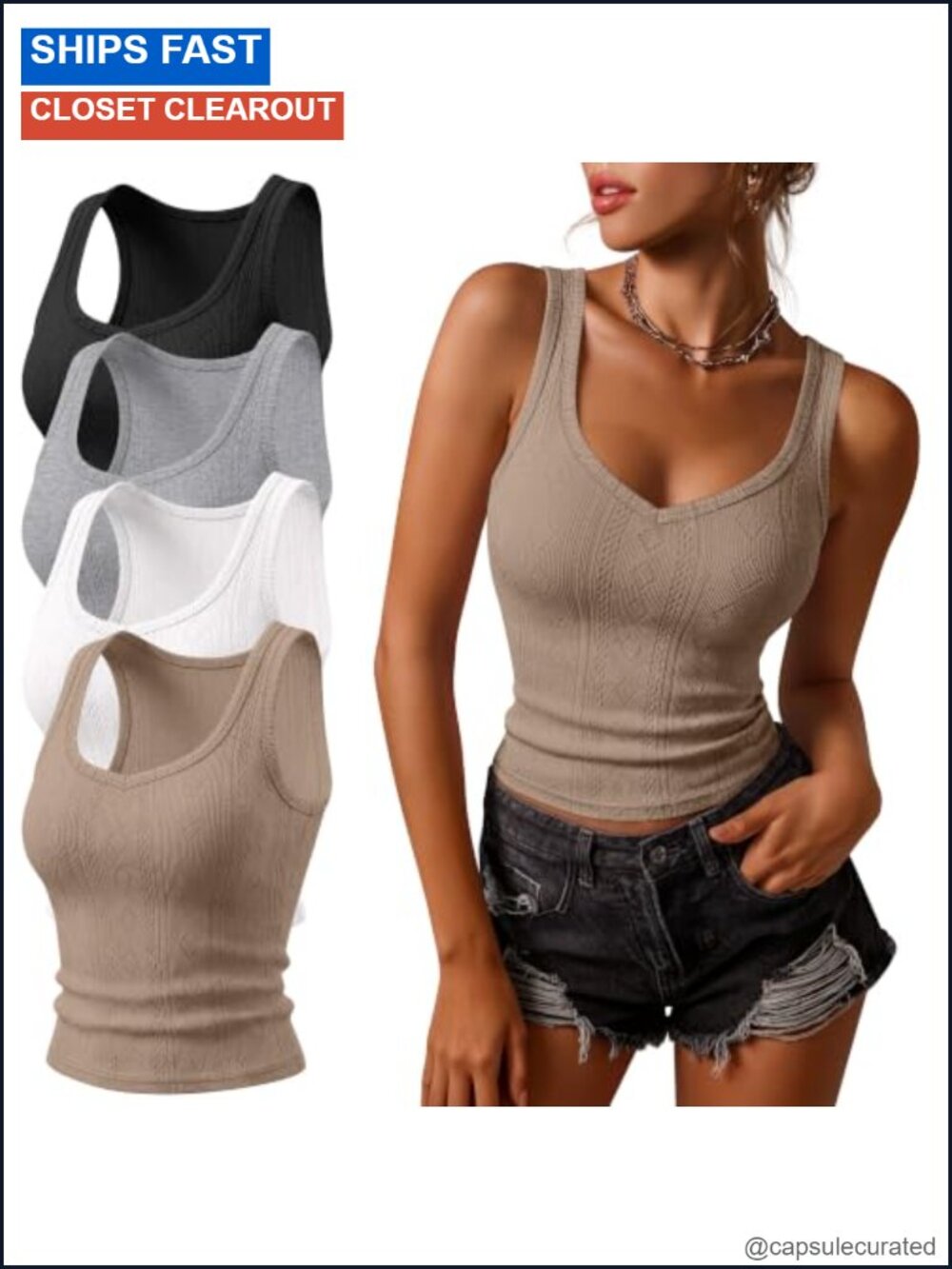 Ribbed Jacquard V Neck Fitted Tank Tops 4 Pack Sleeveless Layering